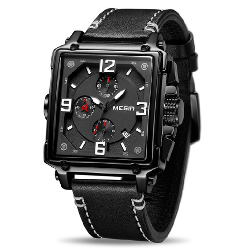 Megir 四角 腕時計 メンズ ミリタリー クロノグラフ レザーバンド 3気圧防水 クォ