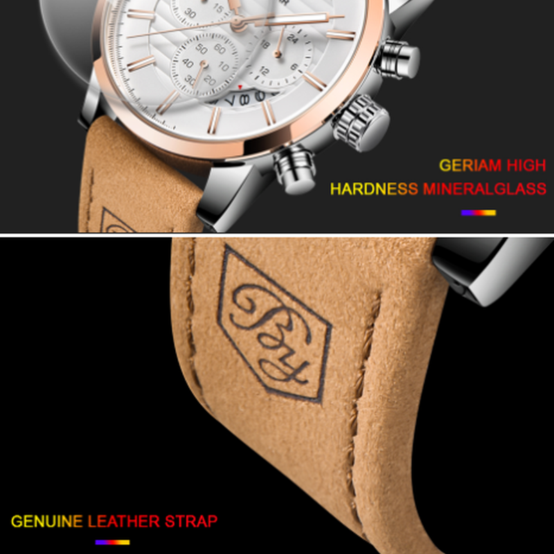 Benyar 高級 腕時計 本革ベルト クロノグラフ メンズ 防水 クォーツ 日付表示 海