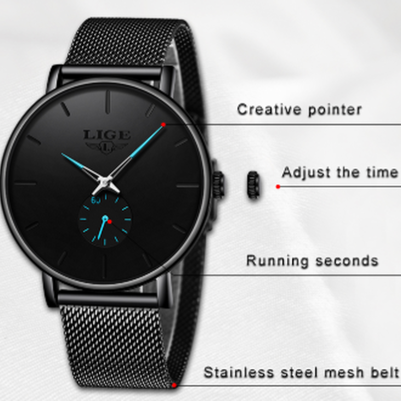 Lige メンズ腕時計 薄い スポーツ クォーツ 防水 ステンレスメッシュベルト 海外トップブ