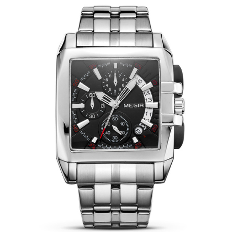 18 Megir メンズ腕時計 四角形の文字盤 クロノグラフ 3気圧防水 ステンレスバ