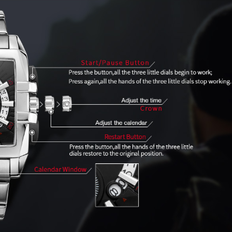 18 Megir メンズ腕時計 四角形の文字盤 クロノグラフ 3気圧防水 ステンレスバ