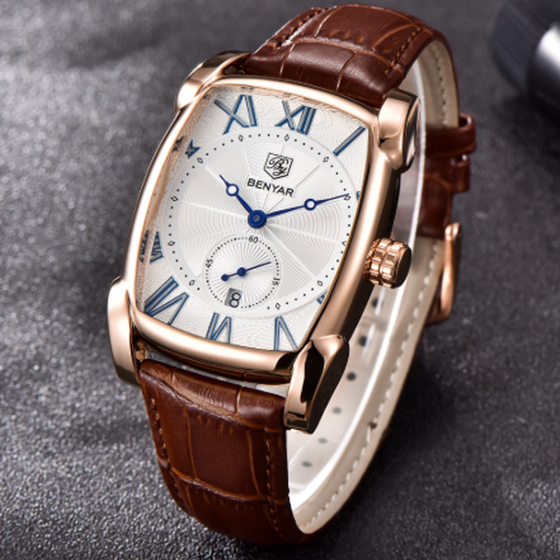 海外高級ブランド Benyar 長方形 本革バンド メンズ腕時計 防水 日付表示 四角 ク