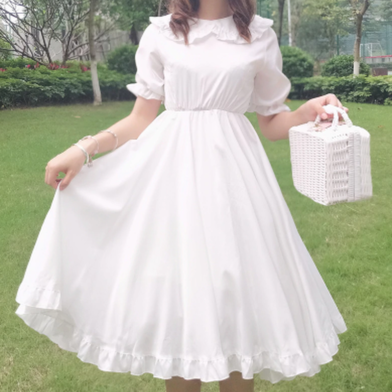 ロリータ ワンピース 白 半袖 妖精みたい 膝丈 ハイウエスト ホワイト 夏 Re Y