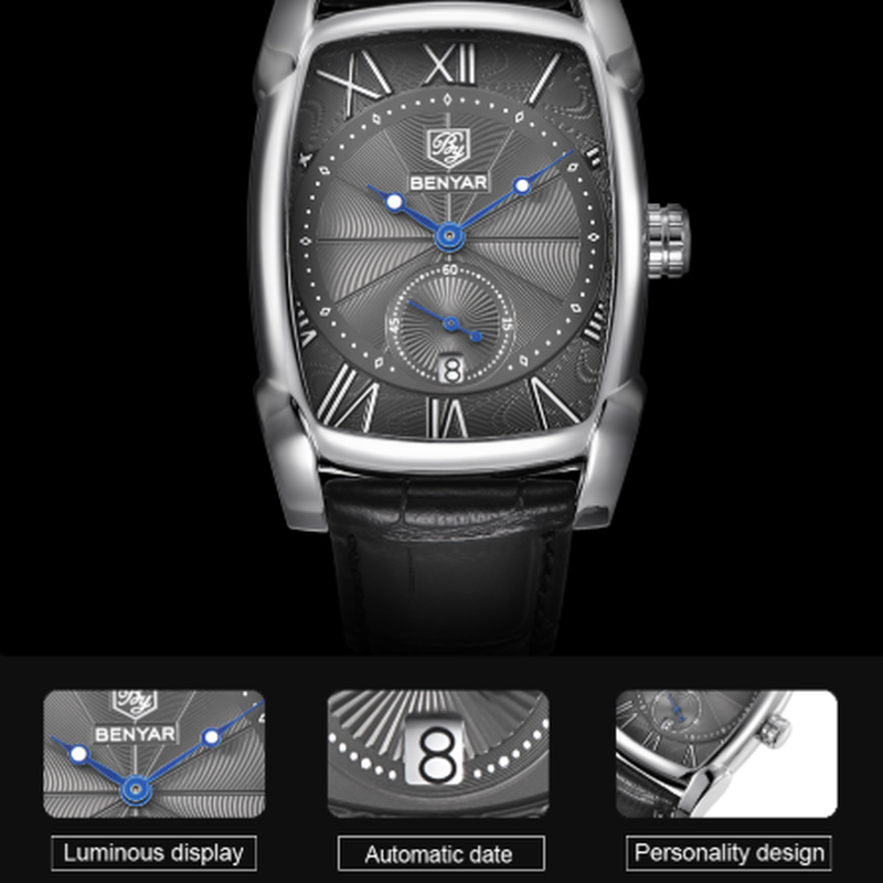 海外高級ブランド Benyar 長方形 本革バンド メンズ腕時計 防水 日付表示 四角 ク