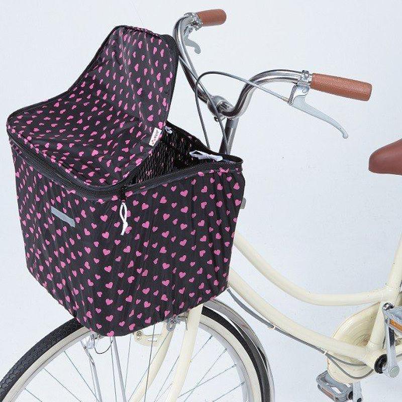自転車前カゴカバー ファスナー両開き 反射帯付き かわいい ピンクハート ブルードット ピンク