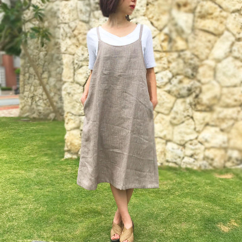 上質リネン100 の透けないサロペットワンピース Chinois Cinq