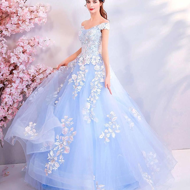 ブルー 紗 花 おしゃれ ふわふわ 可愛い ワンピース ロング丈 ウェディングドレス パーティ ブルー 紗 花 おしゃれ ふわふわ 可愛い ワンピース ロング丈 ウェディングドレス パーティ