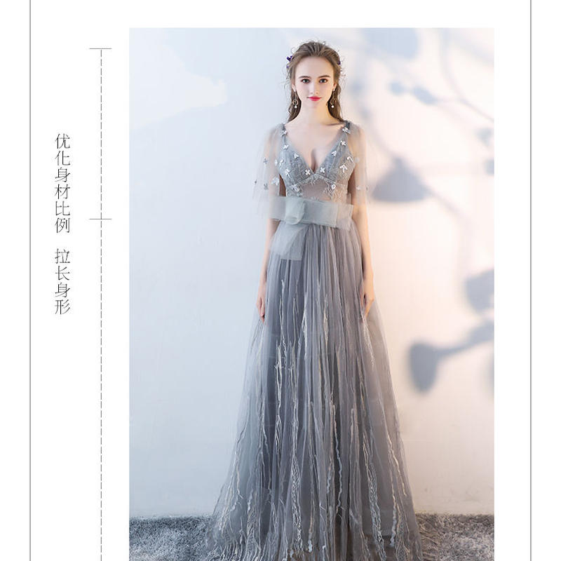 カラードレス グレー 上質オーガンジー Vネック V タンクトップ Aライン ロング ロングド