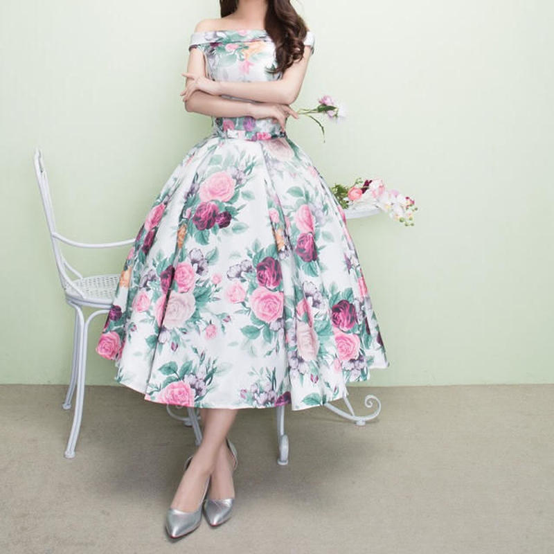 ミモレ丈 流行の薔薇柄 ウェディングドレス ドレスワンピース結婚式 発表会 演奏会 パ ティ