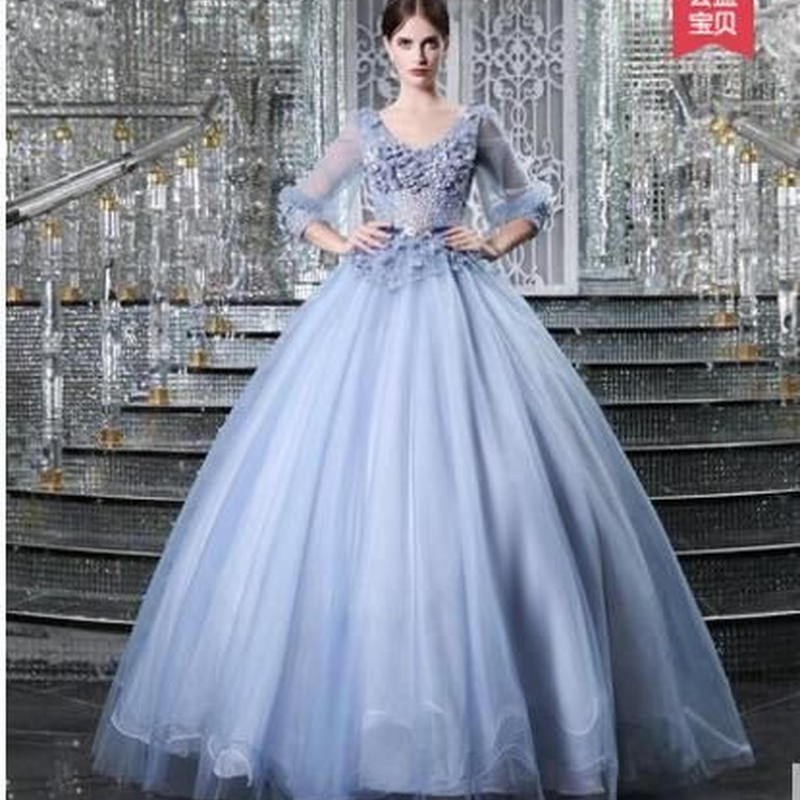 カラードレス 青 ブルー ソフトチュール シースルー袖 エレガント 美品 ロング イブニング