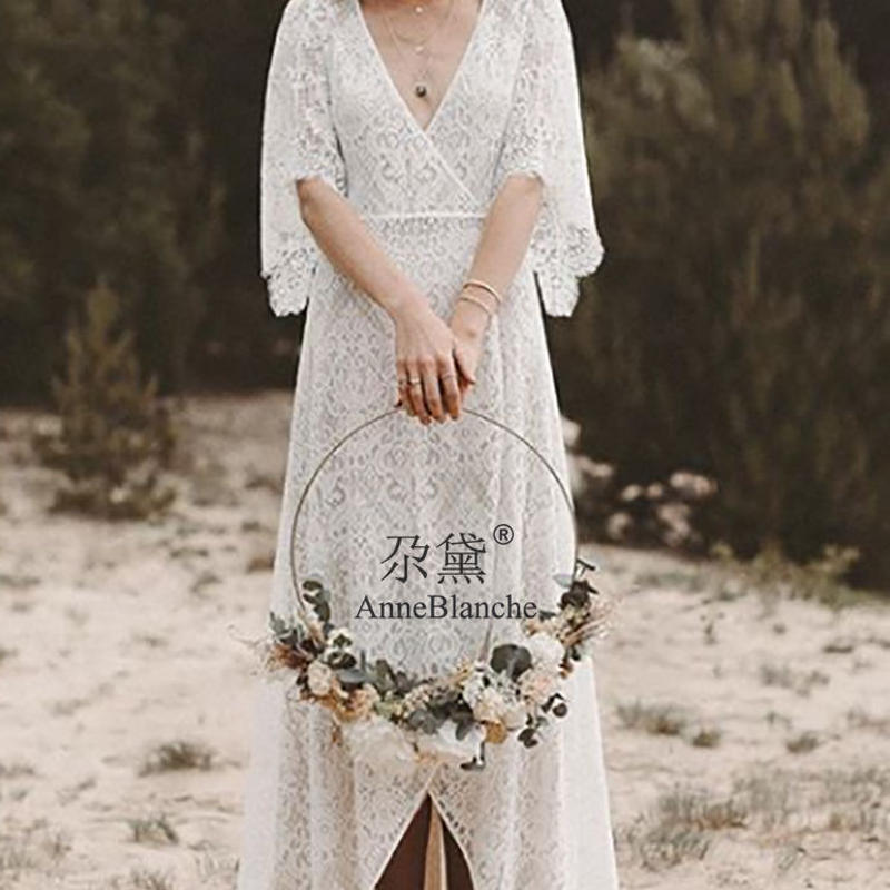 ウエディングドレス ホワイト レース セクシー Vネックドレス 半袖 Cinderella