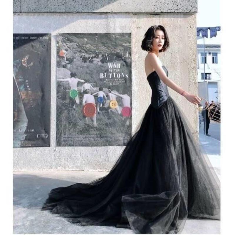 21新発 美品 カラードレス 結 パーティー ステージ衣装 ミニトレーン ベアトップ 黒 ウェディングドレス Albinofoundation Org