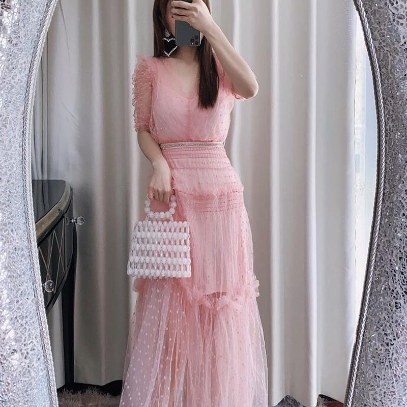 美品 パーティードレス ピンク 半袖 ソフトチュール 憧れのドレス お呼ばれ 二次会 2次