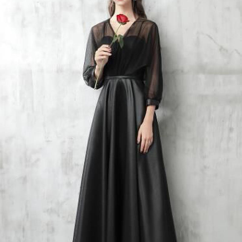 カラードレス 黒 繊細レース 光沢サテン Vネック V 上品透け袖 エレガント ロング タンク