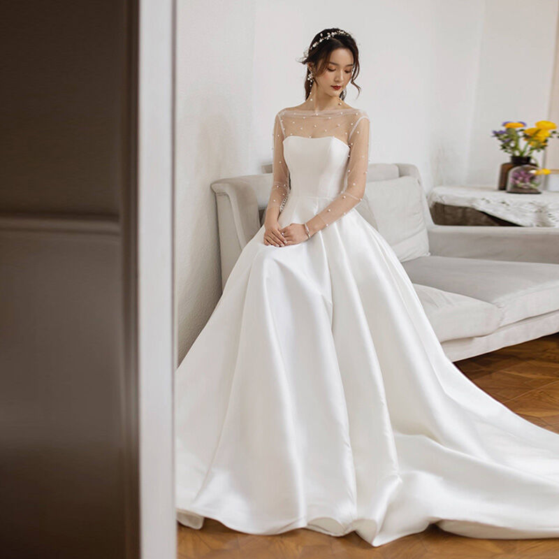 高品質 ウエディングドレス ホワイト 光沢サテン プリンセスライン 結婚式 披露宴 憧