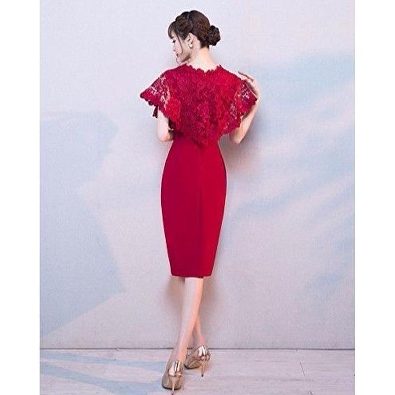 赤 カラードレス ミモレ丈 パーティードレス ワンピース チュニック 結婚式ドレス 膝丈 レー