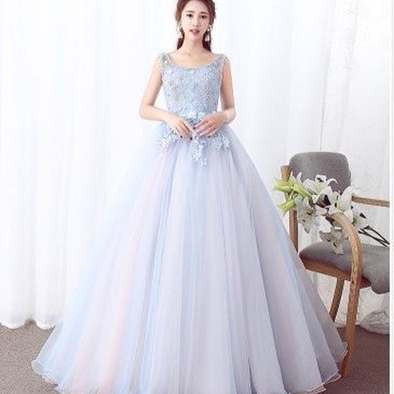 最も カラードレスライトブルー 上質オーガンジー 編み上げ ビーズ パールタンクトップ ロングドレス