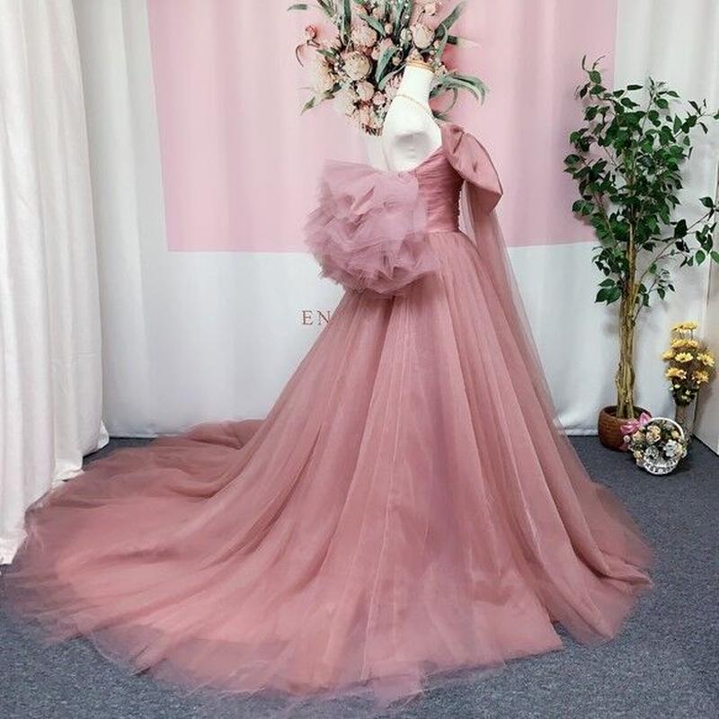 豪華 深ピンク ベアトップ カラードレス 取り外し可能リボン プリンセスライン 憧れのドレ