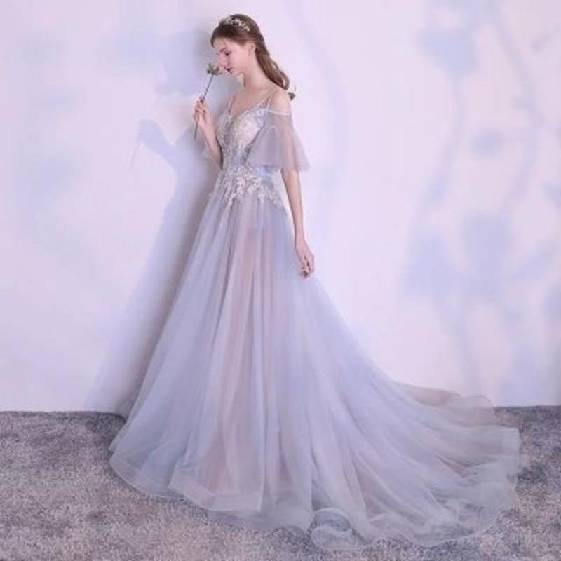 カラードレス ロングドレス 青ｘピンク トレーン 花嫁ドレス ウェディングドレス 二