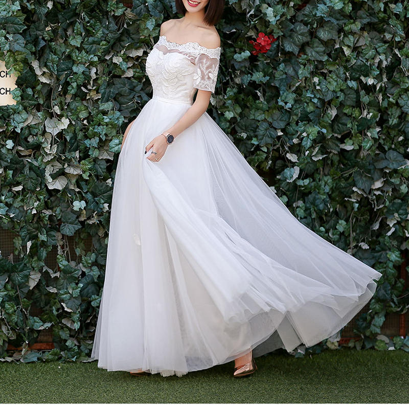 ウエディングドレス オフショルダー ボタニカルレース セクシー ドレスワンピース結