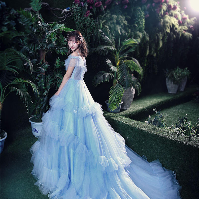 カラードレス 青 ブルー ソフトチュール プリンセスライン ロングトレーン 豪華 憧れのドレス