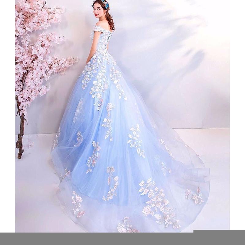 ブルー 紗 花 おしゃれ ふわふわ 可愛い ワンピース ロング丈 ウェディングドレス パーティ ブルー 紗 花 おしゃれ ふわふわ 可愛い ワンピース ロング丈 ウェディングドレス パーティ