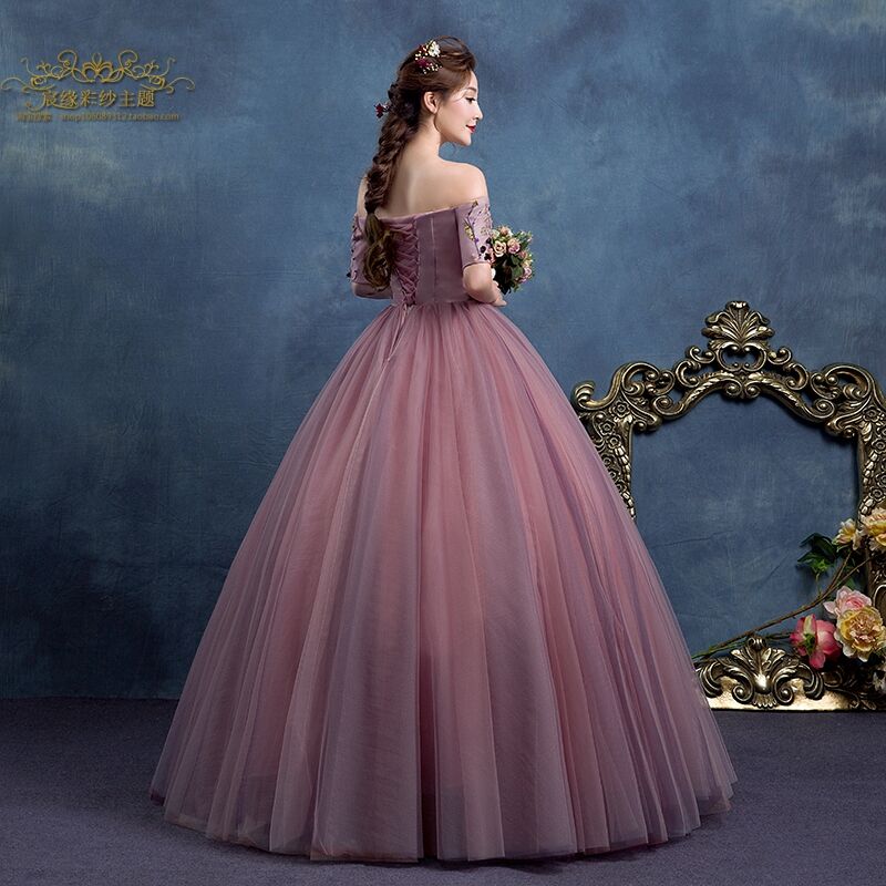 美品 カラードレス ピンク 花モチーフ オフショル プリンセスライン フレアスカート