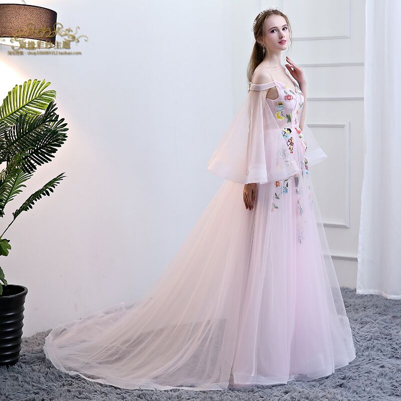 上品 パーティードレス 薄ピンク 姫袖 プリンセスライン ロングドレス ピアノ演奏会 音楽