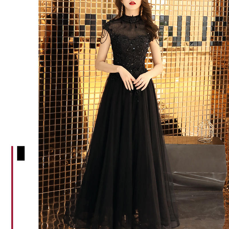 カラードレス 黒 ソフトチュール スパンコール タンクトップ Aライン ミディアムドレス