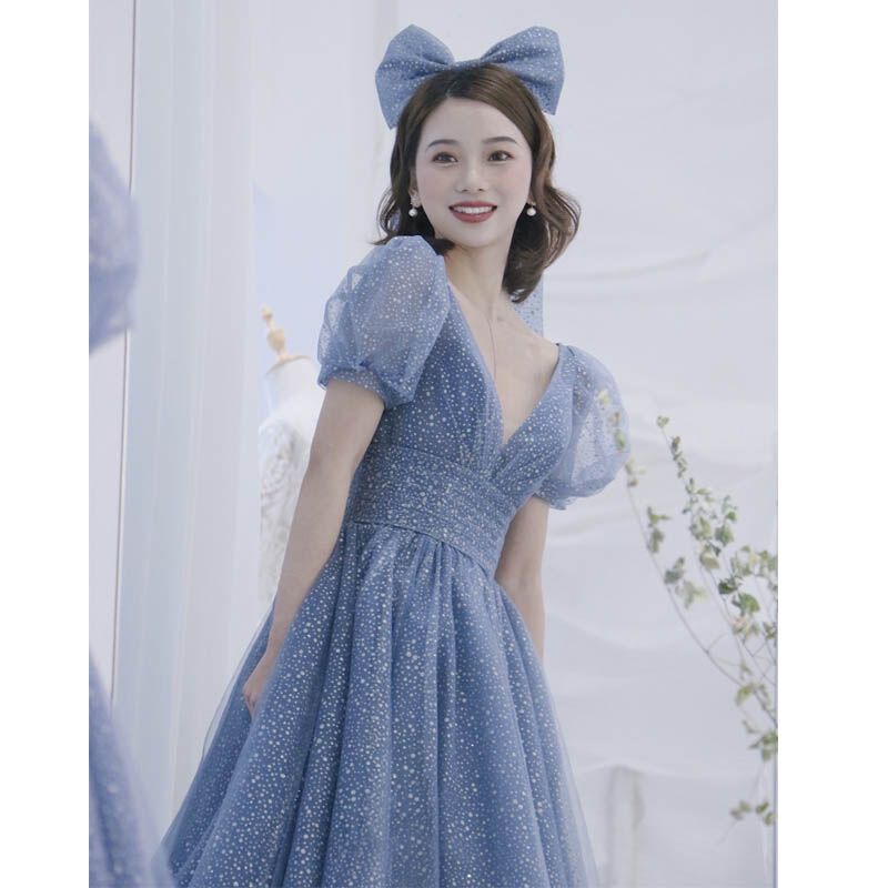 上品 パーティードレス 青 深vネック パフスリーブ プリンセスライン ロングドレス お呼