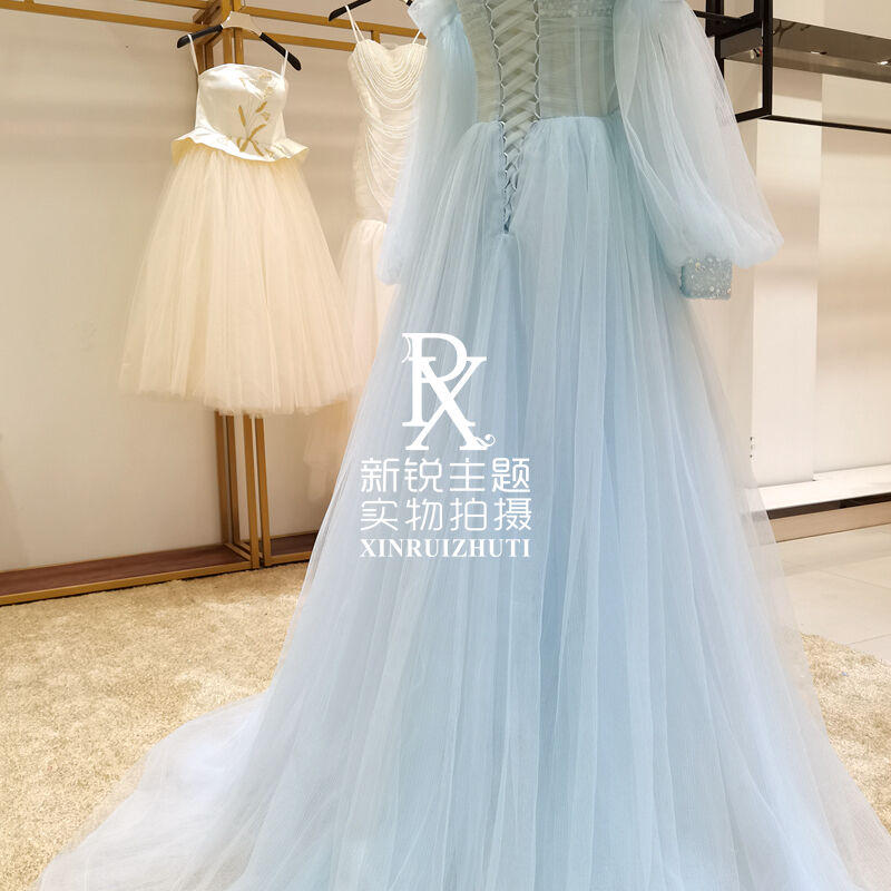 レビューを書けば送料当店負担 水色 高品質 オフショル 結婚式 可愛い プリンセスライン カラードレス ウェディングドレス