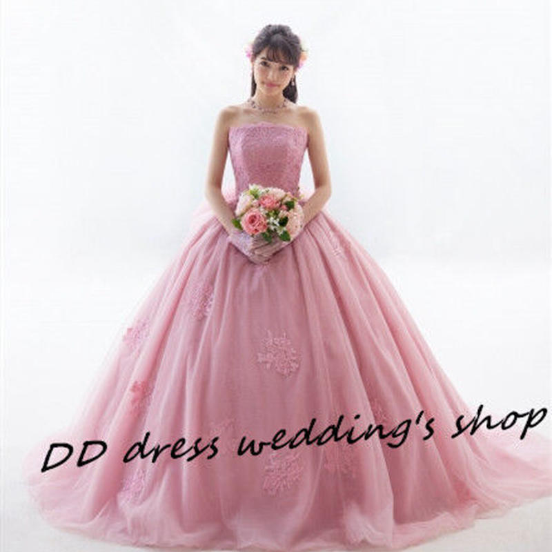 豪華 ベアトップ パフスリーブ カラードレス 薄ピンク プリンセスライン 憧れのドレス 2次