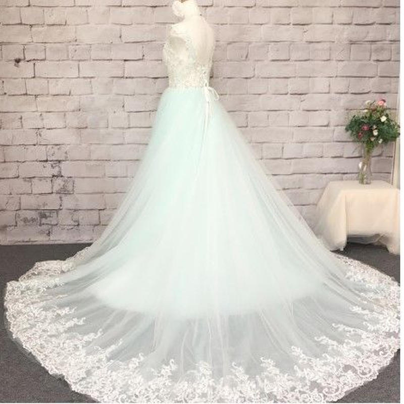 薄いブルーチュール 肩紐があり ハンドメイドウェディングドレス Cinderelladre