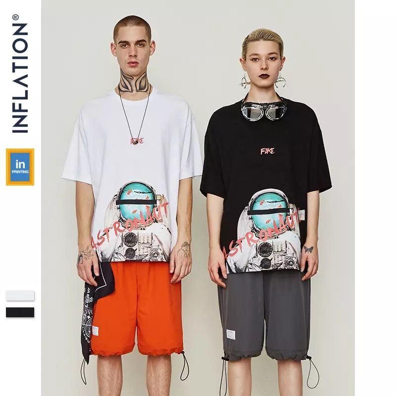 Inflation プリント 半袖 5分袖 Tシャツ ロング丈 メンズ レディース ストリー
