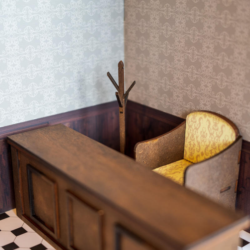 1 10スケールドールハウス洋館 書斎 家具セット グレー壁紙 新作初回5台限定セール