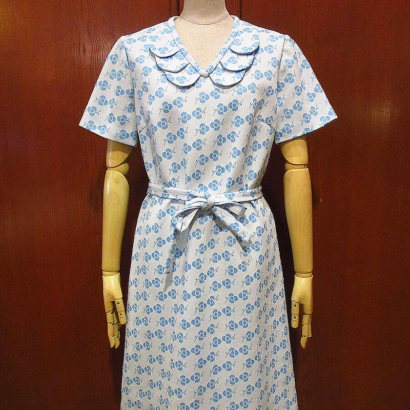 ビンテージ70 S 花柄ニット半袖ワンピース水色 s3 W Ssdrs 1970s