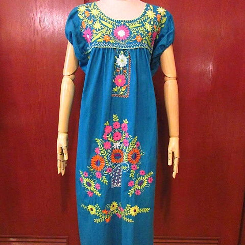 ビンテージ70 S 花刺繍入りメキシカンワンピース青 0801f6 W Ssdrs古着レデ