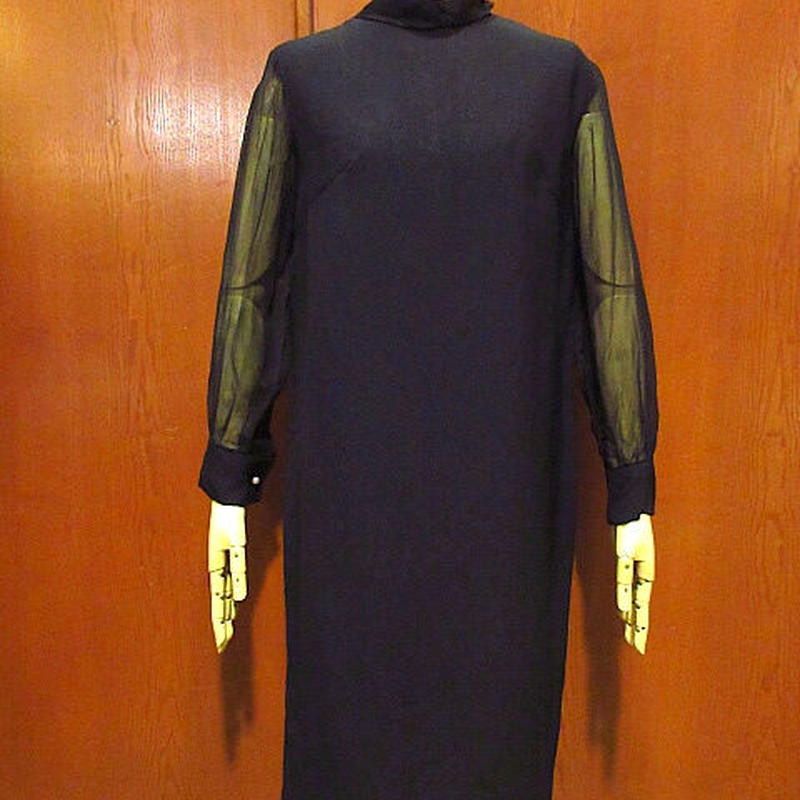 ビンテージ40 S50 S リボン付きシースルースリーブ長袖ワンピース黒 2107s8 W