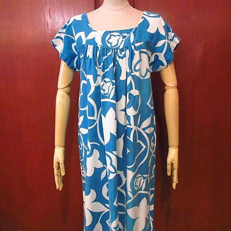 ビンテージ70 S Miss Kailuaコットンハワイアンワンピース水色 白 0715s