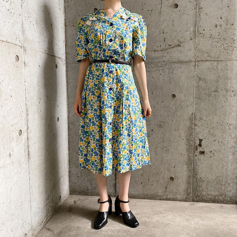 1950 S Vintage フラワー リボンモチーフ クラシカルワンピース 9473