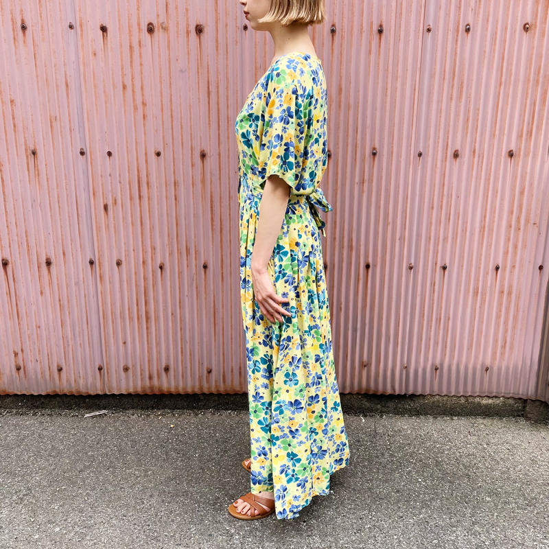 Euro ブルー イエロー 花柄 レーヨンワンピース 2191 Crunch A