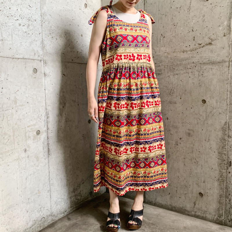 ボタニカル 幾何学柄 ボーダー ノースリーブ ワンピース 9452 Crunch A