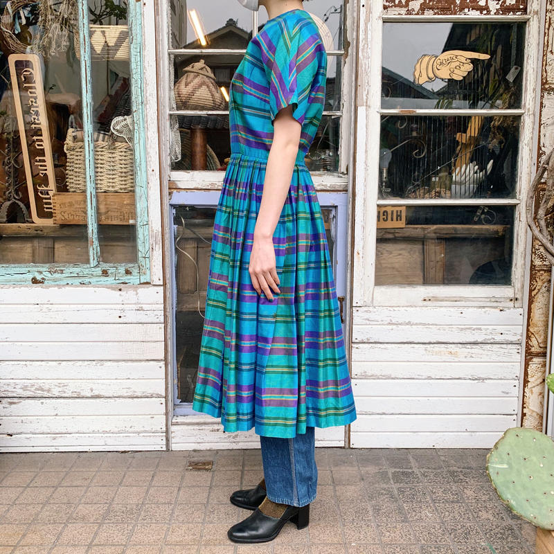 1960 S 青 黄 紫 マドラスチェック クラシカルワンピース 9086 Crunc