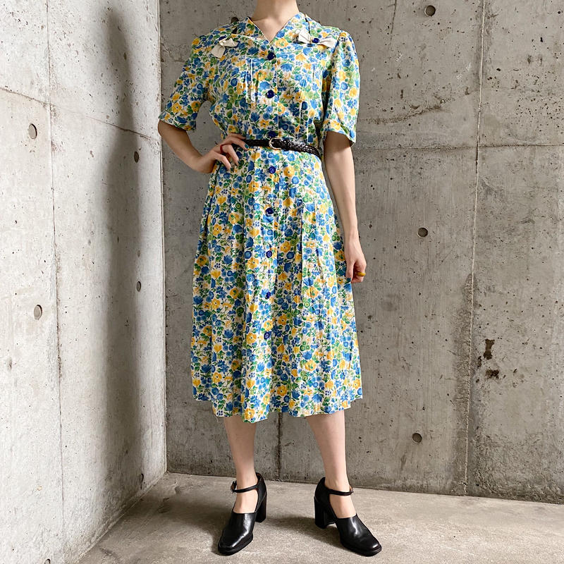 1950 S Vintage フラワー リボンモチーフ クラシカルワンピース 9473