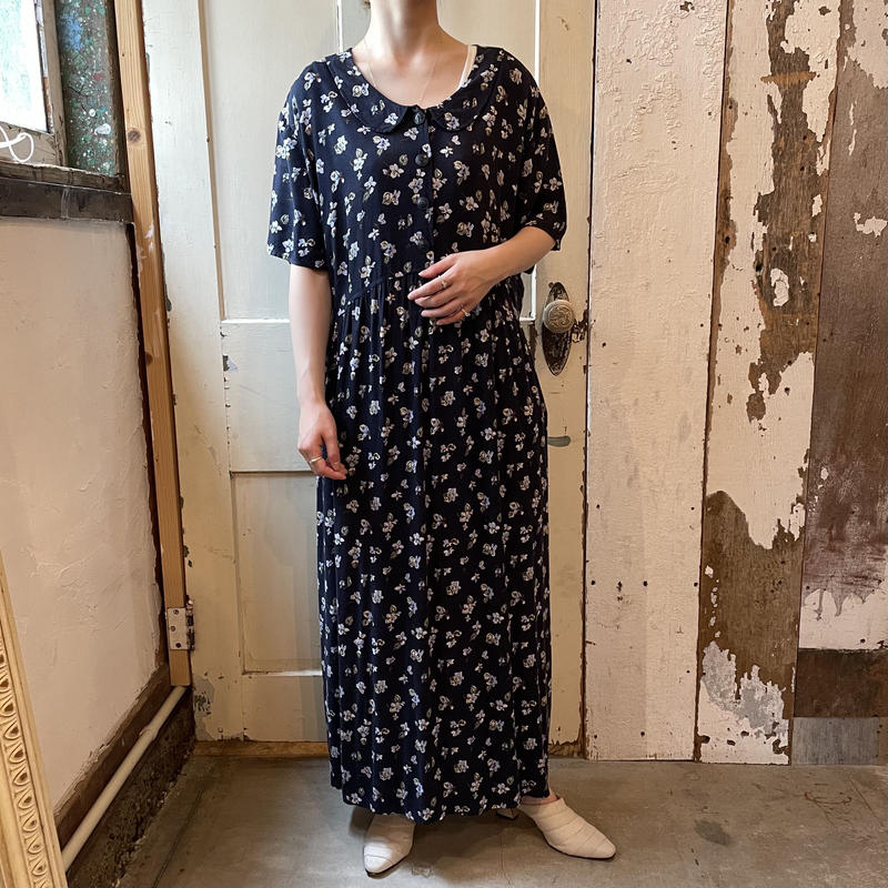 Euro襟付き ブルー花柄 レーヨンワンピース 2115 Crunch Archer