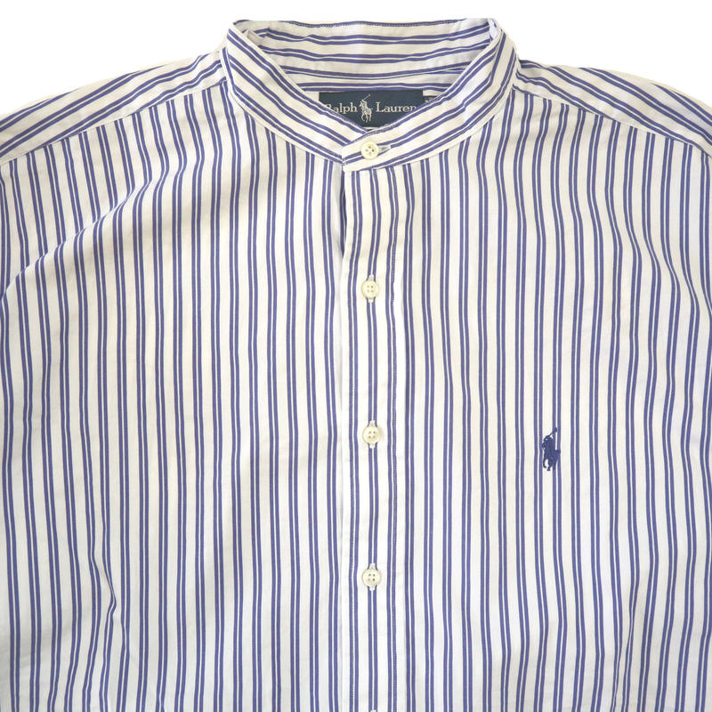 90'~ Ralph Lauren ノーカラー ストライプ ロング丈シャツ White×Blu 90'~ Ralph Lauren ノーカラー ストライプ ロング丈シャツ White×Blu