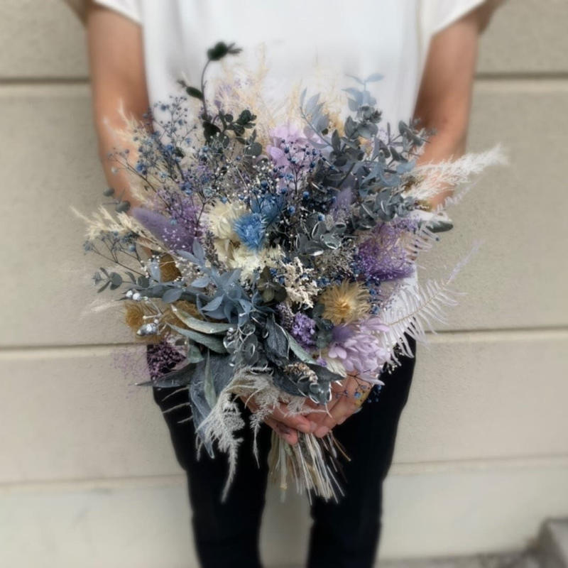 もらって嬉しい出産祝い Drybouquetドライフラワーブーケ シダ 染めかすみ ラグラス ユーカリなど 花 木の実 枝葉 果実ドライフラワー
