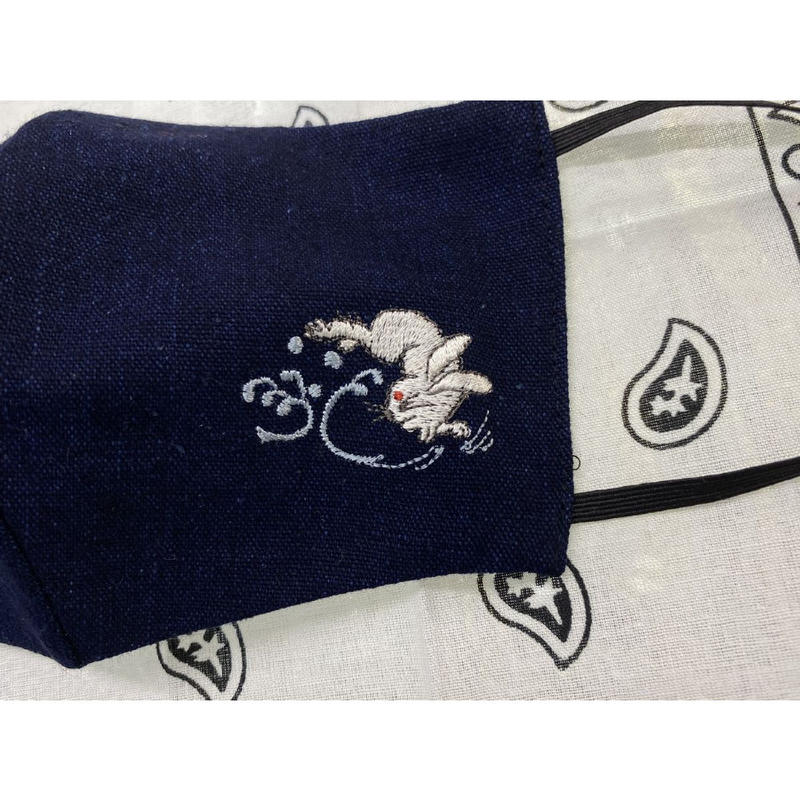 安心の日本製 兎 うさぎ Rabbit 和柄 立体マスク 刺しゅう 藍染 Yokosuka