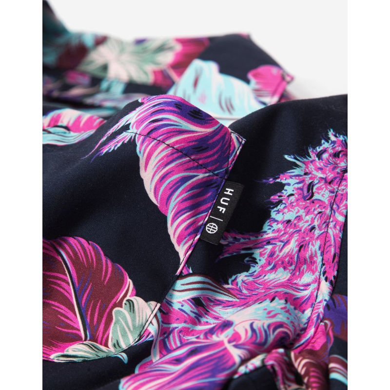 HUF ハフ 半袖 ボタンシャツ 総柄 ALOHA パラダイス リゾート ネイビー HUF ハフ 半袖 ボタンシャツ 総柄 ALOHA パラダイス リゾート ネイビー