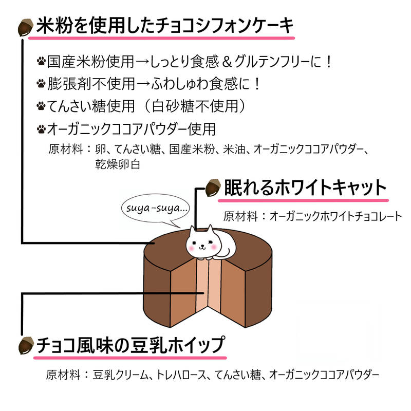 しっとりふわしゅわ 米粉のチョコシフォンケーキ 豆乳ホイップ 眠れるホワイトキャット付き